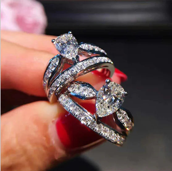 Water Drop Ring with Diamond, Double Layer Crown Design