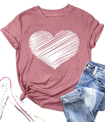 Valentines Day Shirt Women Heart Print Tee Funny Love Heart T-Shirts Valentines Gifts for Her valentines