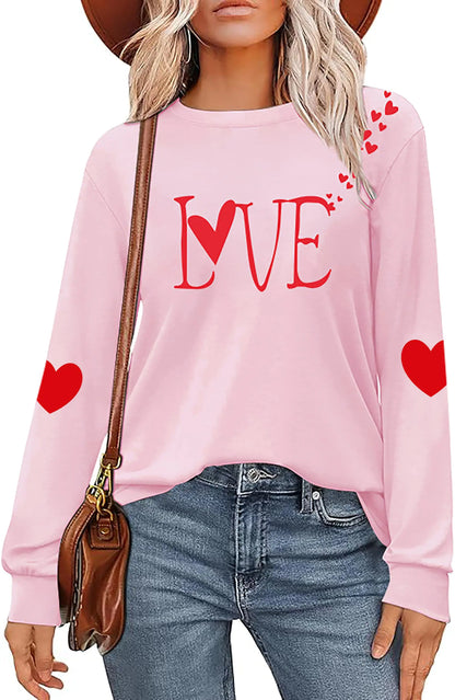 Valentines Day Shirt for Women: Love Heart Graphic Long Sleeve Valentine Pullover Tops Casual Valentines Gifts Pink valentines
