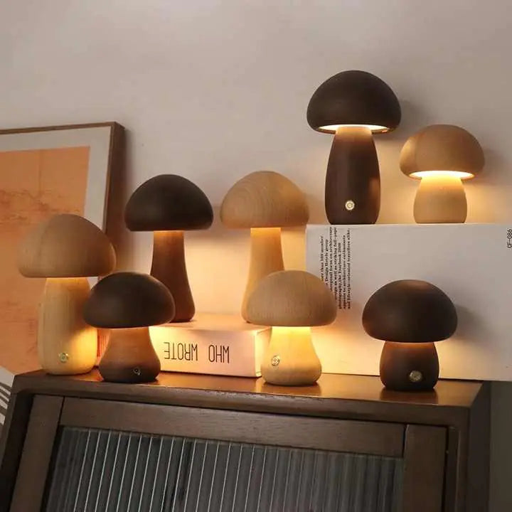 Wooden Mushroom LED Night Light - Rechargeable & Portable
