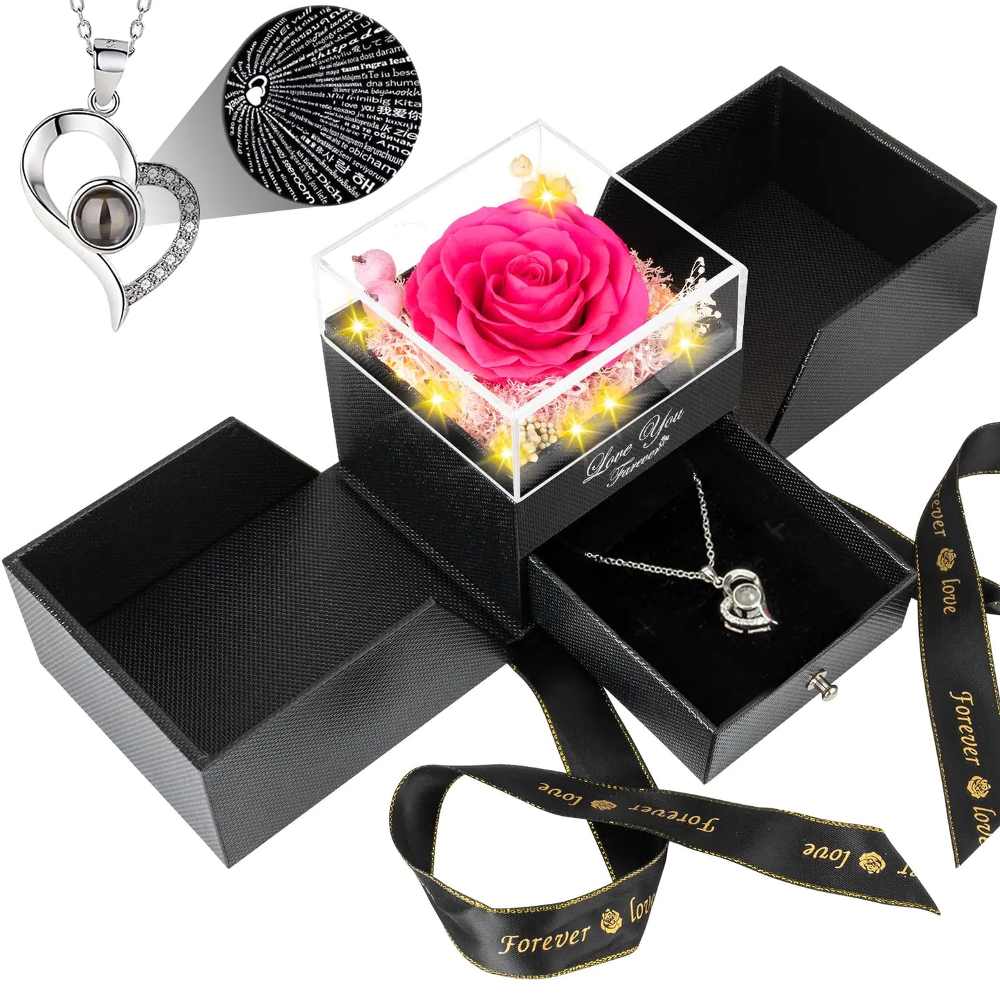 FOCIE Preserved Dark Pink Real Rose -Eternal Flowers Rose Gifts for Mom Grandma Wife Girlfriend on Mothers Day Valentines Day Gifts for Her Christmas Birthday Anniversary with I Love You Necklace valentines