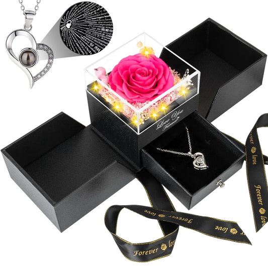 FOCIE Preserved Dark Pink Real Rose -Eternal Flowers Rose Gifts for Mom Grandma Wife Girlfriend on Mothers Day Valentines Day Gifts for Her Christmas Birthday Anniversary with I Love You Necklace valentines