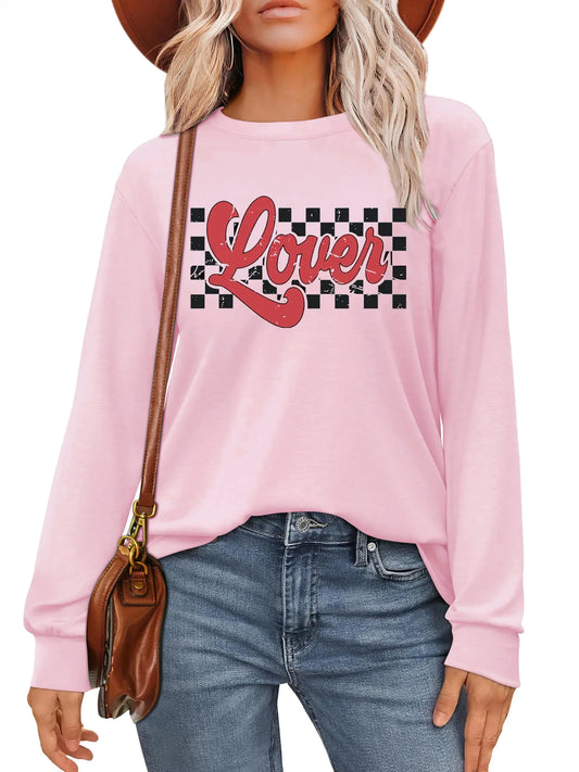 Valentines Day Women Shirt : Love Heart Graphic Long Sleeve Valentine Pullover Tops Casual Valentines Gifts Pink valentines