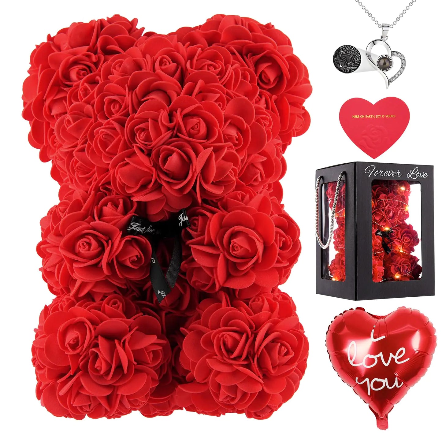 MACTING Rose Bear for Women Red Flower Teddy Bear with Box I Love You Necklace Light Card Balloon for Mothers Day Anniversary Birthday Valentines Day Gift(10") valentines