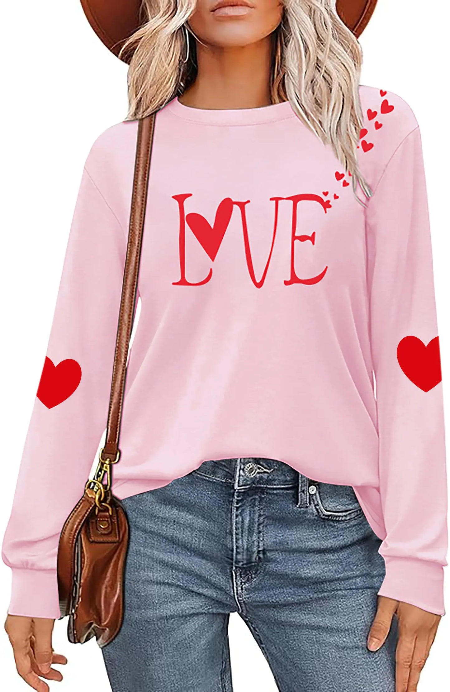 Valentines Day Shirt for Women: Love Heart Graphic Long Sleeve Valentine Pullover Tops Casual Valentines Gifts Pink valentines