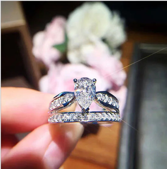 Water Drop Ring with Diamond, Double Layer Crown Design