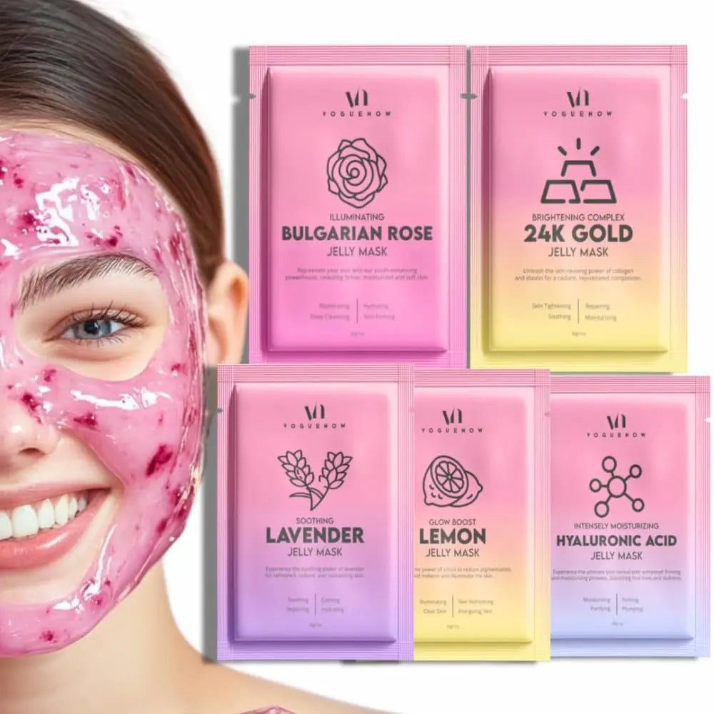 Jelly Mask for Facials - Pack of 5 | Valentines Gift | Hydrating Jelly Face Masks | Free Jade Roller & Spatula | Bulgarian Rose Lavender 24K Gold | Valentine Gifts for Women Galentines Day Gifts valentines