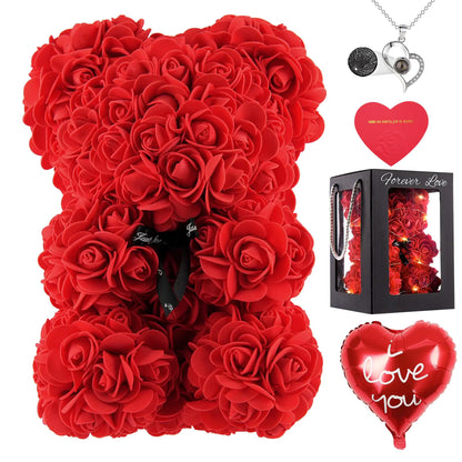 MACTING Rose Bear for Women Red Flower Teddy Bear with Box I Love You Necklace Light Card Balloon for Mothers Day Anniversary Birthday Valentines Day Gift(10") valentines